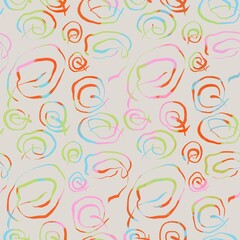 Fototapeta na wymiar Seamless abstract geometric pattern. Background in green, grey, blue, orange, pink. Illustration. Lines, meanders. Design for textile fabrics, wrapping paper, background, wallpaper, cover.