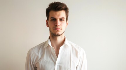 Young man in white shirt with unbuttoned collar stands against plain background with soft lighting.