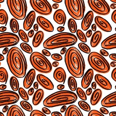 Seamless abstract textured pattern. Simple background with black, orange, white texture. Ovales, lines. Digital brush strokes. Design for textile fabrics, wrapping paper, background, wallpaper, cover.