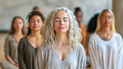 Fototapeta premium A diverse group of women participating in a mindfulness class indoors, learning breathwork to improve their concentration and mental well-being