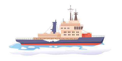 Arctic ship icebreaker in winter sea vector illustration isolated on white. Shipping boat at north pole, alaska or antarctica breaking ice. Industrial nautical transport © backup_studio