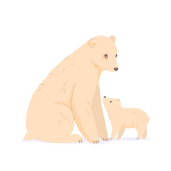 Polar bear with cub in north pole vector illustration. Cartoon cute nature arctic white bears isolated on white. Global climate warming problem