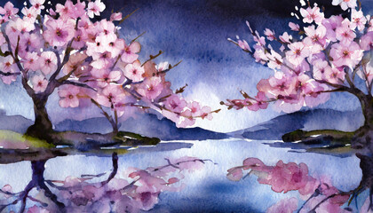 夜桜のイラスト - obrazy, fototapety, plakaty