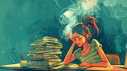 girl sits desperately over her homework