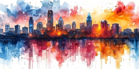 Hand-Drawn Watercolor Illustration of Famous Nashville, TN Skyline Generative AI - obrazy, fototapety, plakaty