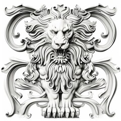 A black and white drawing of a lion, ornamental stylization with floral elements.