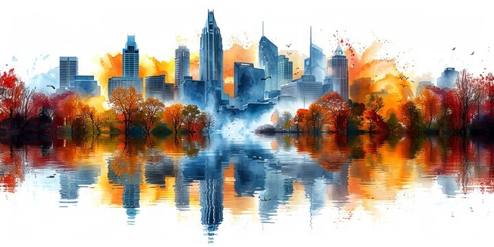 Hand-Drawn Watercolor Illustration of Famous Nashville, TN Skyline Generative AI