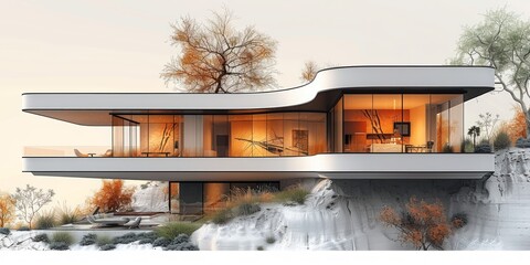 Stylish Modern House: A Conceptual Architectural Silhouette Generative AI - obrazy, fototapety, plakaty