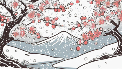 雪と桜と富士山のイラスト