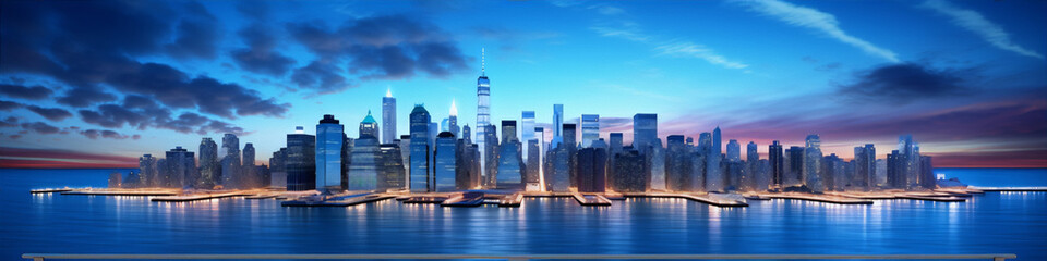 Cityscape of New York City with skyscrapers and lights reflecting in the water at sunset in blue and orange colors