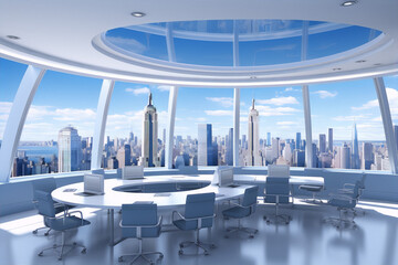 Futuristic cityscape with skyscrapers and glass windows in blue and white colors.