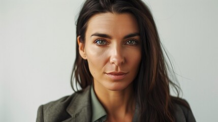 Closeup of woman with dark hair and hazel eyes in professional attire. Light, neutral background with soft lighting.