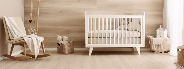 Light and airy modern coastal nursery with a white crib and rocking chair, and neutral colored toys and bedding. - obrazy, fototapety, plakaty