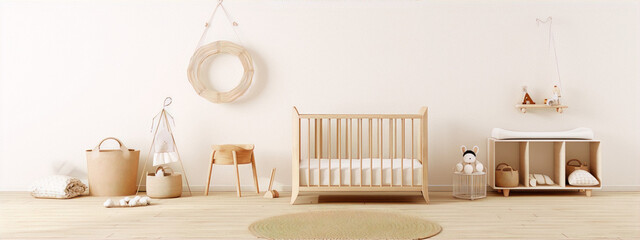3D rendering of a minimalist nursery with a wooden crib, a changing table, a rug, and a few toys. The color scheme is neutral. - obrazy, fototapety, plakaty