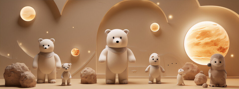 3D rendering of a surreal dreamscape with cute cartoon polar bears and a rabbit in a beige and cream color palette.