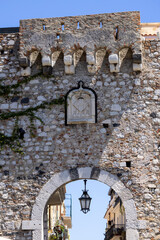 15th century Catania Gate (Porta Catania) at the street Corso Umberto, Taormina, Sicily, Italy