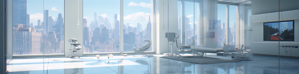 Fototapeta na wymiar Futuristic cityscape interior skyscraper office room with large windows and glass walls in light blue and white colors.
