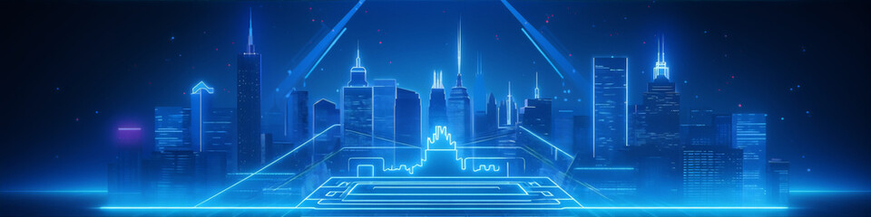 Blue glowing 3D rendering of a futuristic cityscape with skyscrapers and a glowing platform in the foreground.