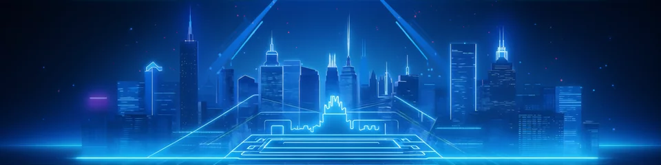 Fotobehang Blue glowing 3D rendering of a futuristic cityscape with skyscrapers and a glowing platform in the foreground. © camelia