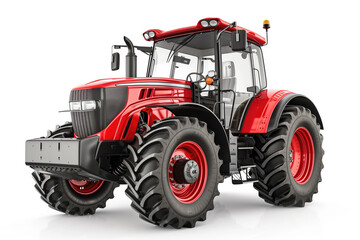 A modern red tractor isolated on white, showcasing agricultural machinery power and technology.