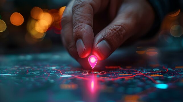 Location Setting on Map with Digital Hand and Two Pins. Concept Digital Map, Location Setting, Hand Icon, Pin Marker, Navigation Pointer