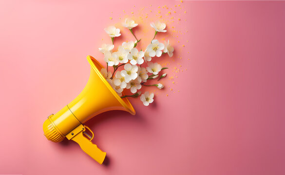 A loudspeaker surrounded by a burst of spring flowers, symbolizes fresh business decisions, sales, or trade events. The image captures the essence of new beginnings and the blossoming of ideas.