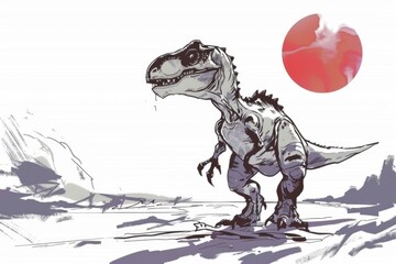 A drawing of a t - rex with a red ball in the background
