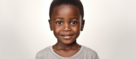 A young African boy is standing in front of a white background, smiling brightly as he looks directly at the camera. His expression is joyful and genuine, radiating happiness. - obrazy, fototapety, plakaty