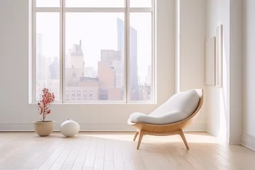 Fotobehang Minimalist interior design with a cream chair, plant, and vase in front of a large window with a city view. © camelia