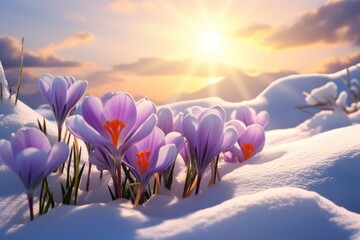crocus in snow against the sun winter flowers - obrazy, fototapety, plakaty