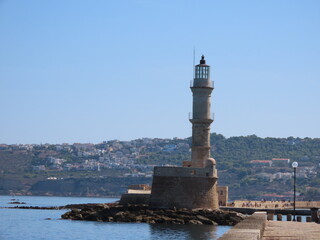 Beautiful view of the lighthouse and the Mediterranean sea in Chania on the island of Crete in Greece.