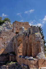 Ancient theatre of Taormina (Teatro antico di Taormina), ruins of ancient Greek theatre, Taormina;...