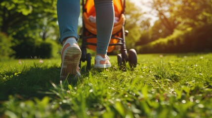 Close up of a young woman walks with a vivid stroller with a newborn baby in a sunny summer park - obrazy, fototapety, plakaty