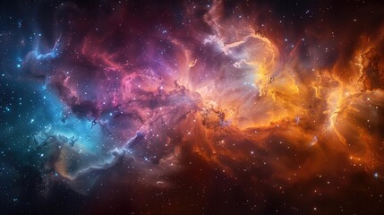 Vibrant nebula image with colorful gases, stars, and swirling structures.