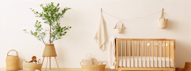 Cute nursery room with a wooden crib and a plant in a basket - obrazy, fototapety, plakaty