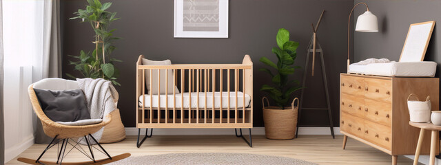 Minimalist nursery with wooden crib, plants, and neutral colors