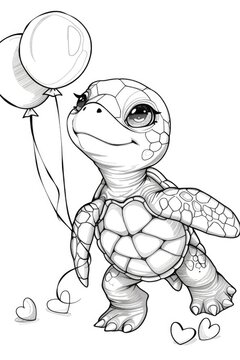 A turtle with a balloon and heart shaped balloons