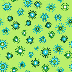 Many small green blue flowers on light green background. Seamless pattern with daisies. Flower with many petals. Design in retro style for girls. Vector illustration for paper, textile, cards.