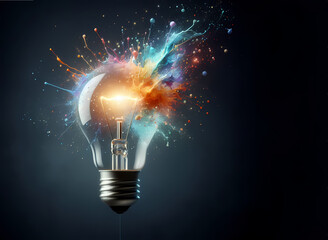 A radiant light bulb sits at the center of an explosion of vibrant colors, symbolizing the birth of new ideas and the spark of creativity.  - obrazy, fototapety, plakaty
