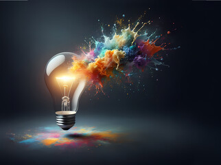 A radiant light bulb sits at the center of an explosion of vibrant colors, symbolizing the birth of new ideas and the spark of creativity. 