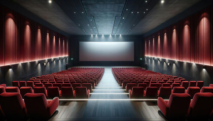An empty cinema hall with rows of vacant seats, awaiting an audience - 749000307