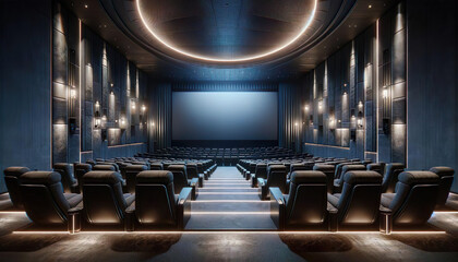 An empty cinema hall with rows of vacant seats, awaiting an audience - 749000325