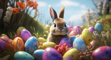 Fototapeta na wymiar easter bunny in a field of colored eggs