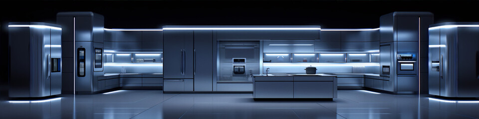A modern kitchen with stainless steel appliances and blue lighting. - obrazy, fototapety, plakaty