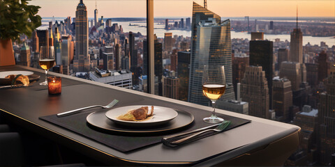Fine dining table with a view of the New York City skyline at sunset in the background.