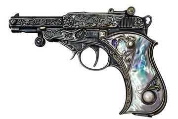 A silver and black gun on a white background, imaginary historic pistol with mother of pearl decor