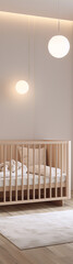 3d rendering of a modern minimalist nursery with a wooden crib and soft lighting.