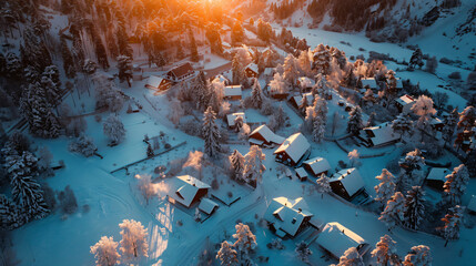 A sweeping aerial panorama of a snow-covered mountain village at dawn. - obrazy, fototapety, plakaty
