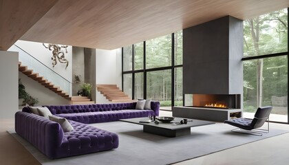 Violet-tufted sofa in an expansive, opulent space featuring a fireplace and a staircase. Modern living area in a wooded residence with minimalist interior design.