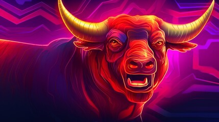 Colourful Red Bull Neon Art Style Background Halving Bitcoin and Animal Concept Banner Copy Space